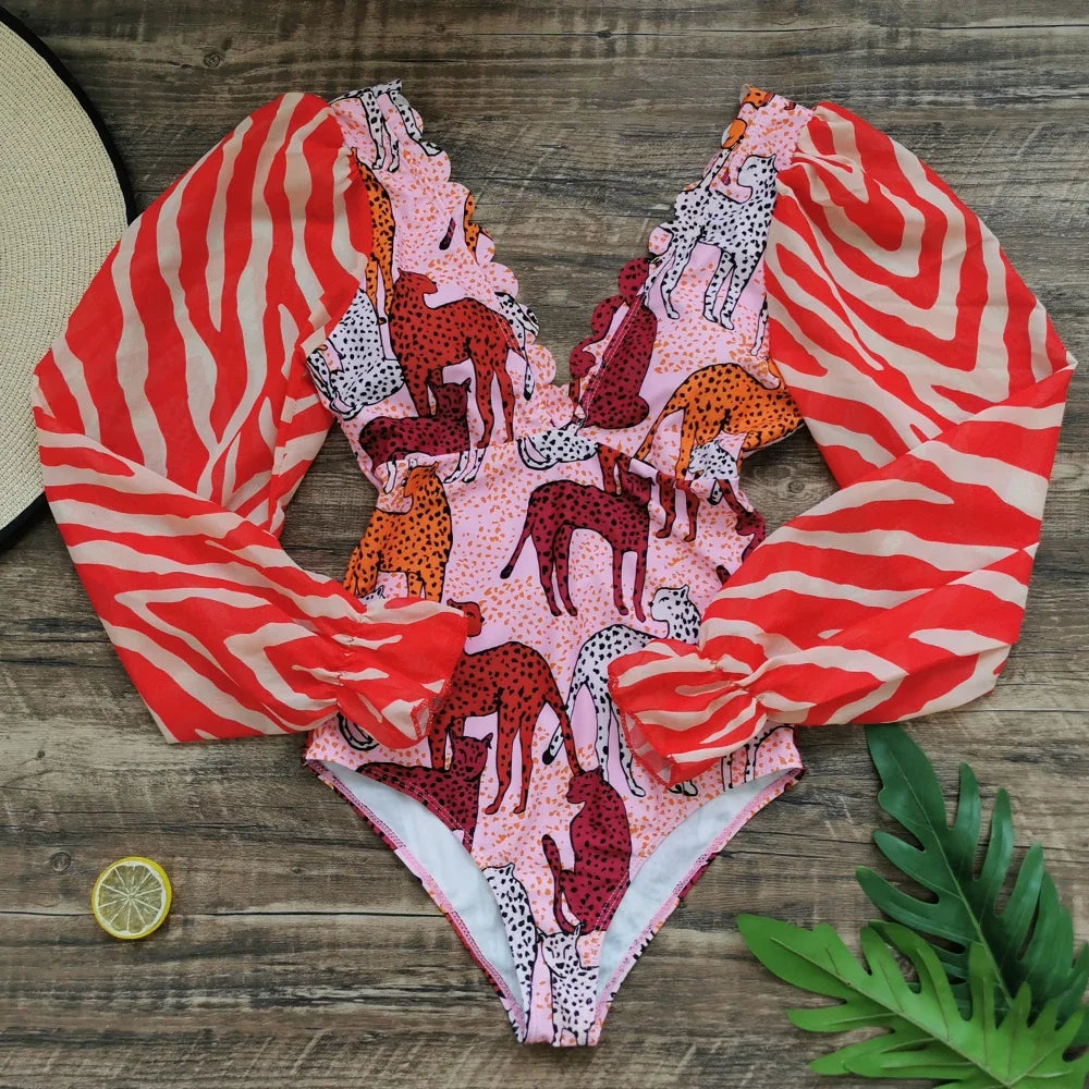 One Piece Swimsuit Sexy Long Sleeve Tropical Print Swimwear Women Bandage Monokini Hollow Out Bathing Suit String Beachwear 2023