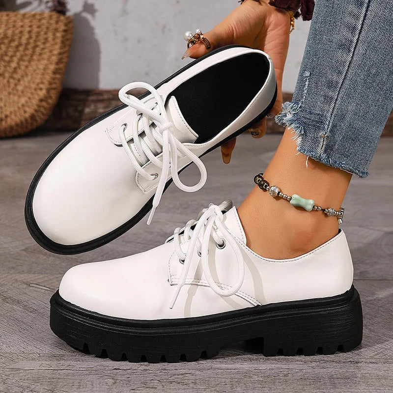 British Style Platform Oxford Shoes for Women Fashion Lace Up Thick Bottom Pu Leather Shoes Wman Plus Size 42 Office Work Shoes