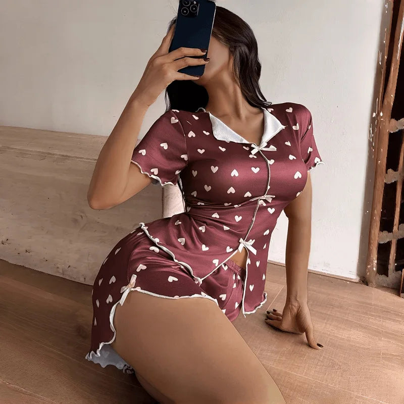 Women's Sleepwear Pajama Set Top and Shorts 2-piece Pajama Set Love Printed Lapel Bow Women's Loungewear