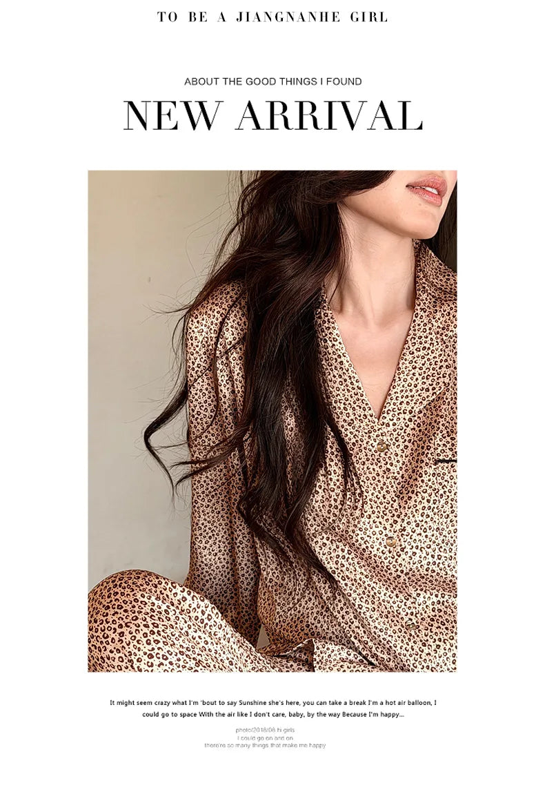 2026 Pajamas for Women Ice Silk Sexy Lace Small Leopard Print Long Sleeve Home Clothes Pajamas Set Can Be Weared Outside