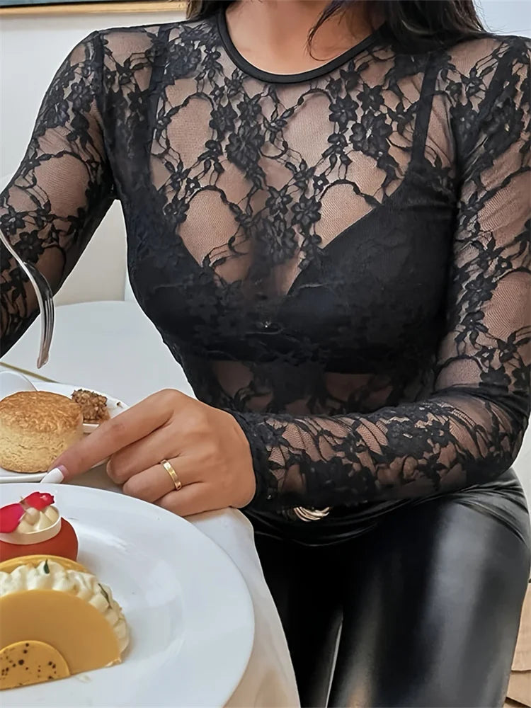 Women's Lace Floral T-shirts Long Sleeve O Neck See-through Slim Tops Spring Summer Autumn Shirts