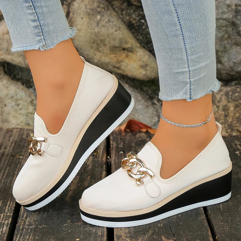 Fashion Metal Chain Wedge Heeled Loafers Women 2026 Slip On Platform Pu Leather Shoes Woman Non Slip Thick Sole Single Shoes