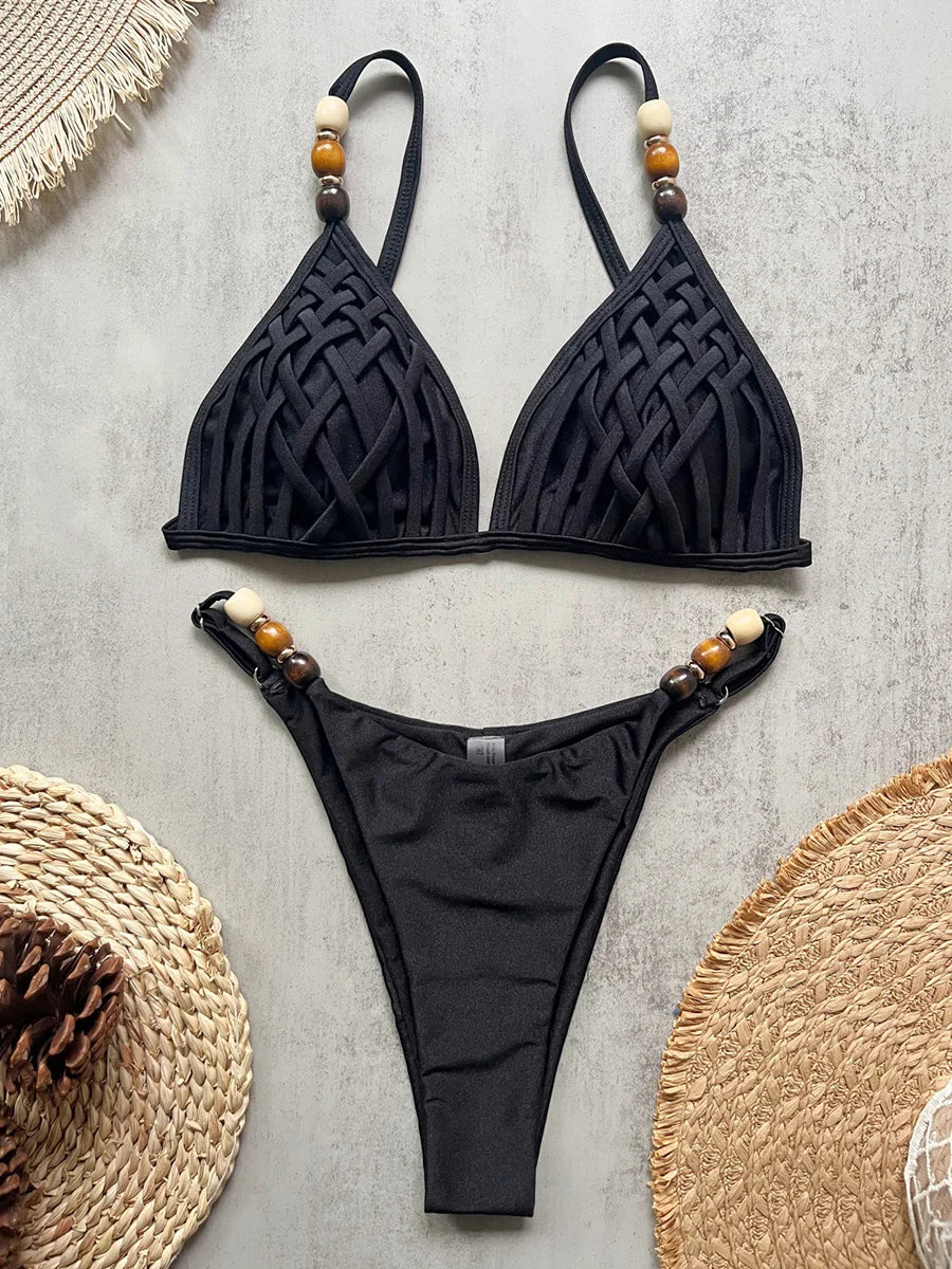 Cross Bandage Beads Bikinis 2026 Push Up Bra Bikini Women Swimwear Female Swimsuit Two-pieces Bikini Set Bathing Suit Swim Lady