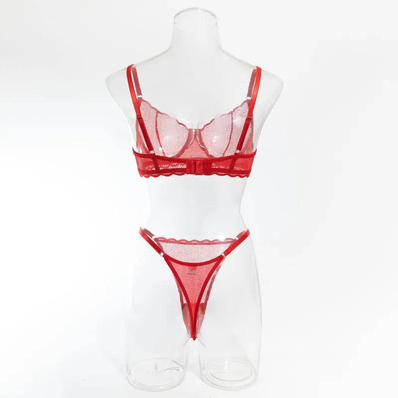 Toucheart Sexy Lingerie Suit for Women Lace Mesh Ultra-thin Underwear Comfortable Bra Set with Steel Rings Hollow Out Underwear