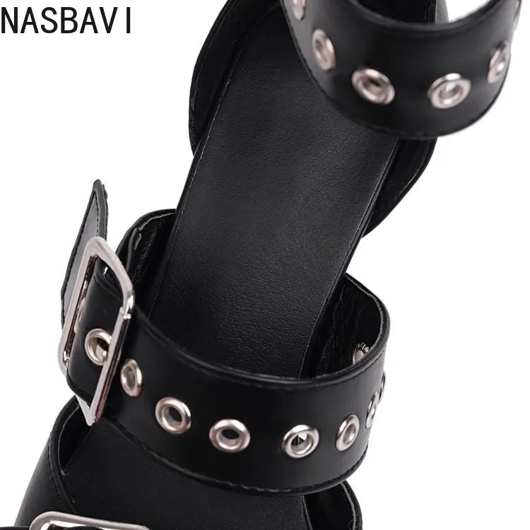 NASBAVI Black Punk Gothic High Heels Sexy Plus Size Pointed Toe Fashion Buckle Rivet Women Pumps Wedding Shoes Stiletto Heels
