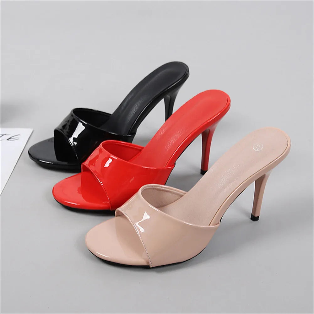 2025 Brand Design Red High Heels Outdoor Slipper Slides Sandals Women Elegant Black Open Toe Summer Nude Mules Shoes Big Size 43