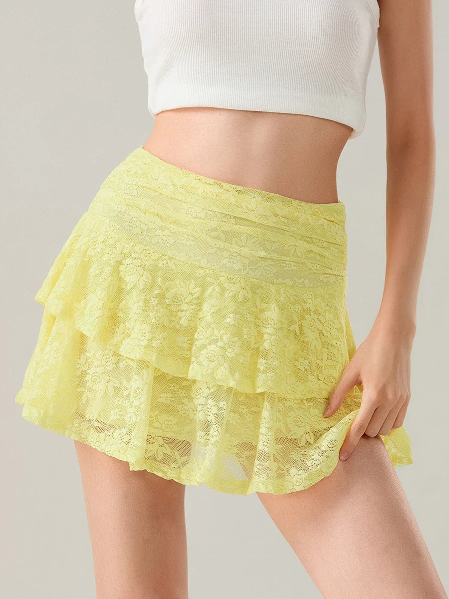 Womens Mini Skirt Lace Flower Low Waist A-Line Layered Ruffled Skirt for Daily Party Club