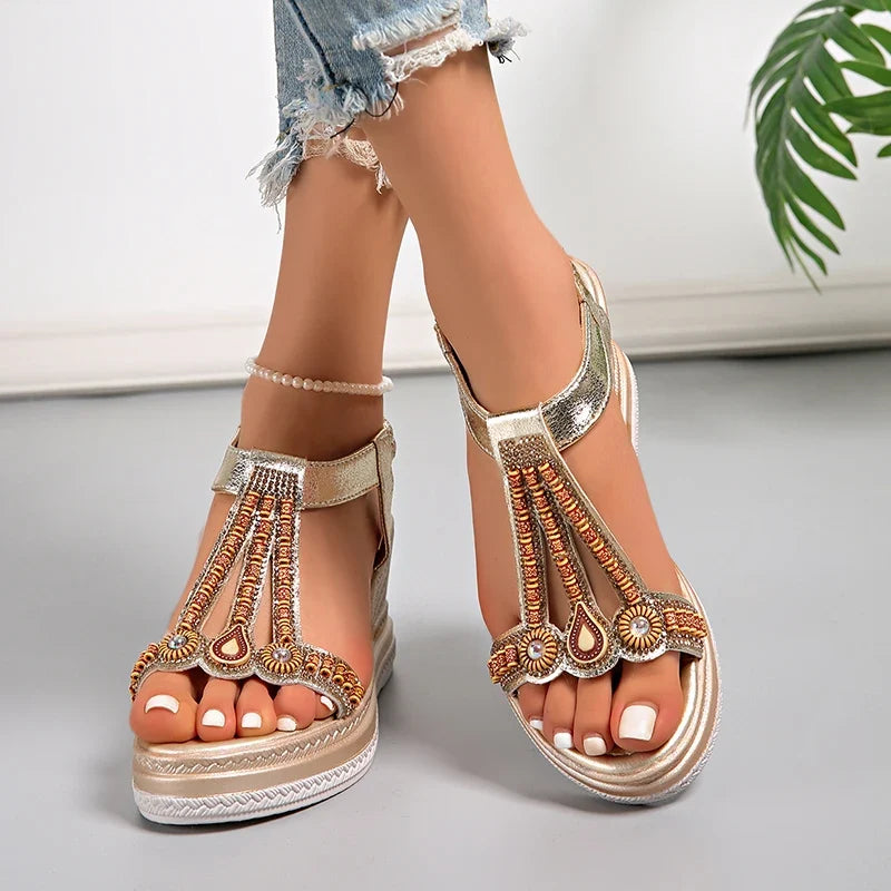 String Bead Wedge Heels Gladiator Sandals Women 2026 Summer Chunky Platform Sandles Woman Elastic Strap Plus Size Sandalias 43