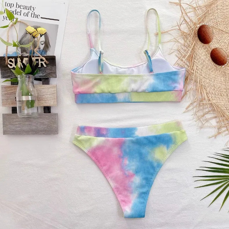 2026 Sexy Bikini Women Push Up Swimwear Swimsuit Tie Dyed High Waist Ribbed Bikinis Set Bathing Suit Stroje Kapielowe Damskie