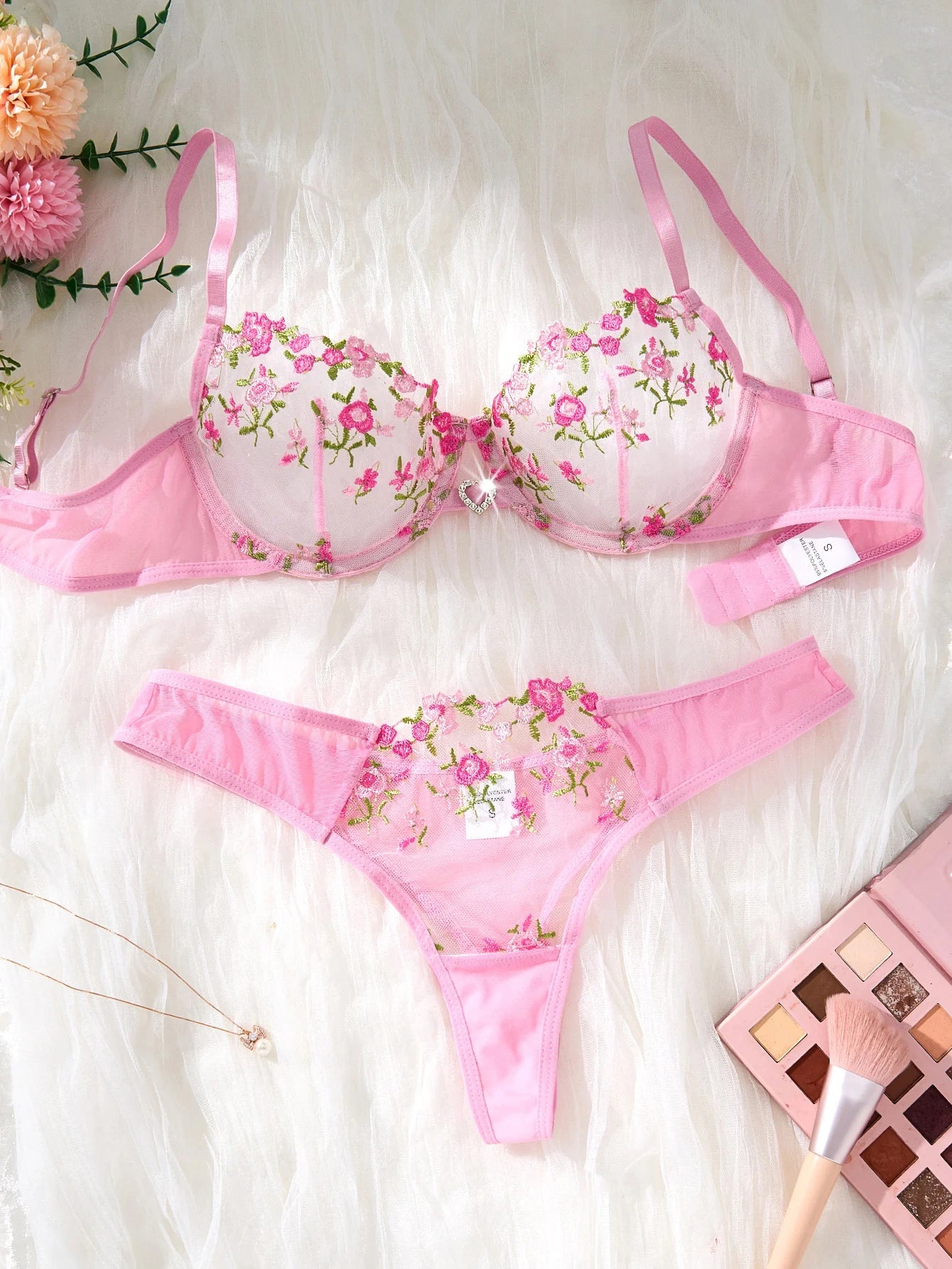 PINK embroidered floral lingerie set - a sexy bra and thong combination with heart-shaped decorations for ladies ZA824026