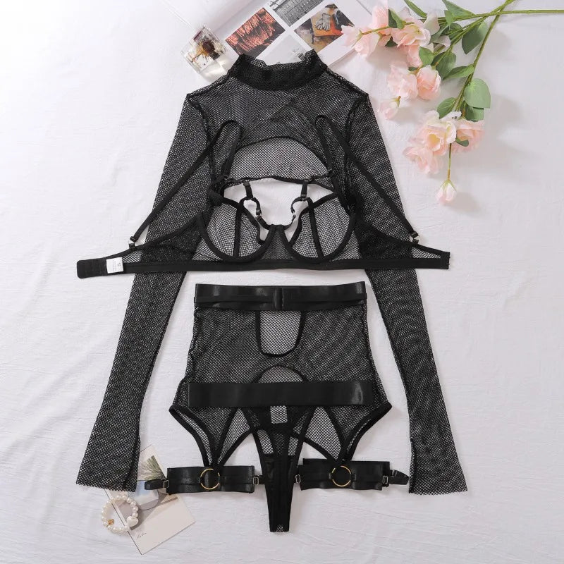 Toucheart Sexy Lingerie Set For Women Hollow Mesh See-through Sexy Temptation Free Underwear Long Sleeves Garters Lingerie Set