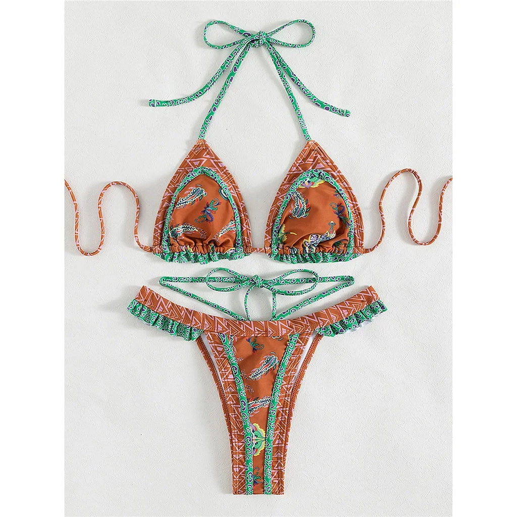 5 Colors Sexy Printed Halter Frilled Bikini Women Swimwear Female Swimsuit Two-Pieces Bikini Set Bather Bathing Suit Swim V4651