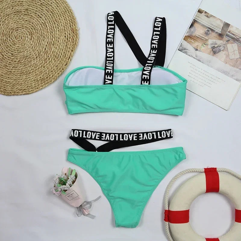 Bikini 2026 Sexy Green Swimwear Swimsuit Women Letter Bandage Bikinis Set Bathing Suit Beach Bikini Female Push Up High Quality