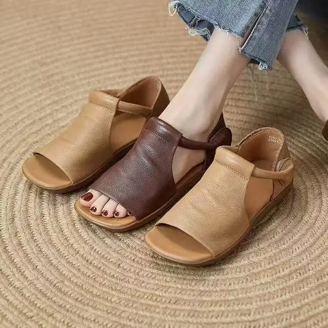 New Women's Peep Toe Flat Sandals - Retro Soft Leather Breathable Comfortable Versatile Casual Shoes 2026