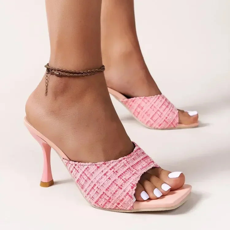 High Slippers Women Pumps Peep Toe Mules Sandals Sexy Office Lady Stiletto Sandals Thin Heels Pink Wedding Shoes 2025