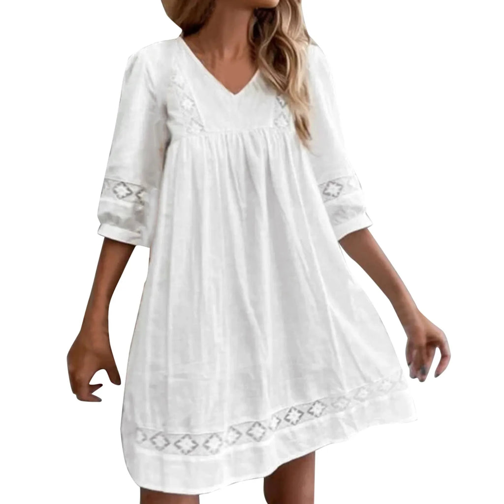 Boho Dress For Women Casual Summer Lace Dresses V Neck Short Sleeve Beach Sundress Swing Vestidos Fashion Slim Lace Plus Size