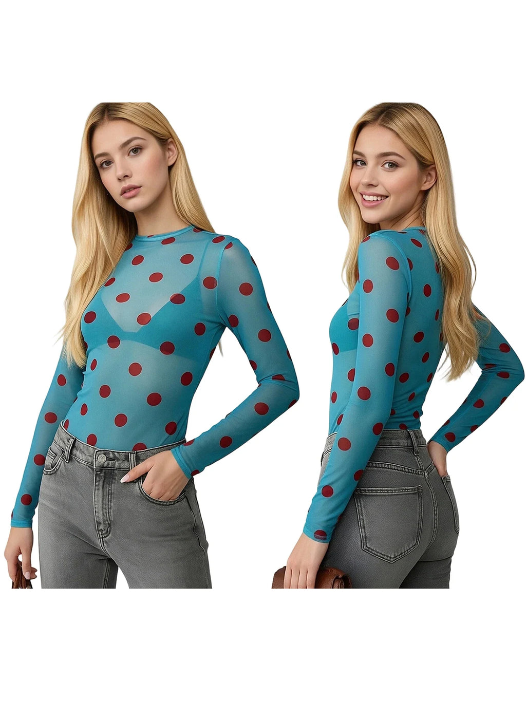 Women’s Spring Summer Crew Neck Mesh T-Shirts Long Sleeve Dots Print Slim Fit Transparent Classic Tops