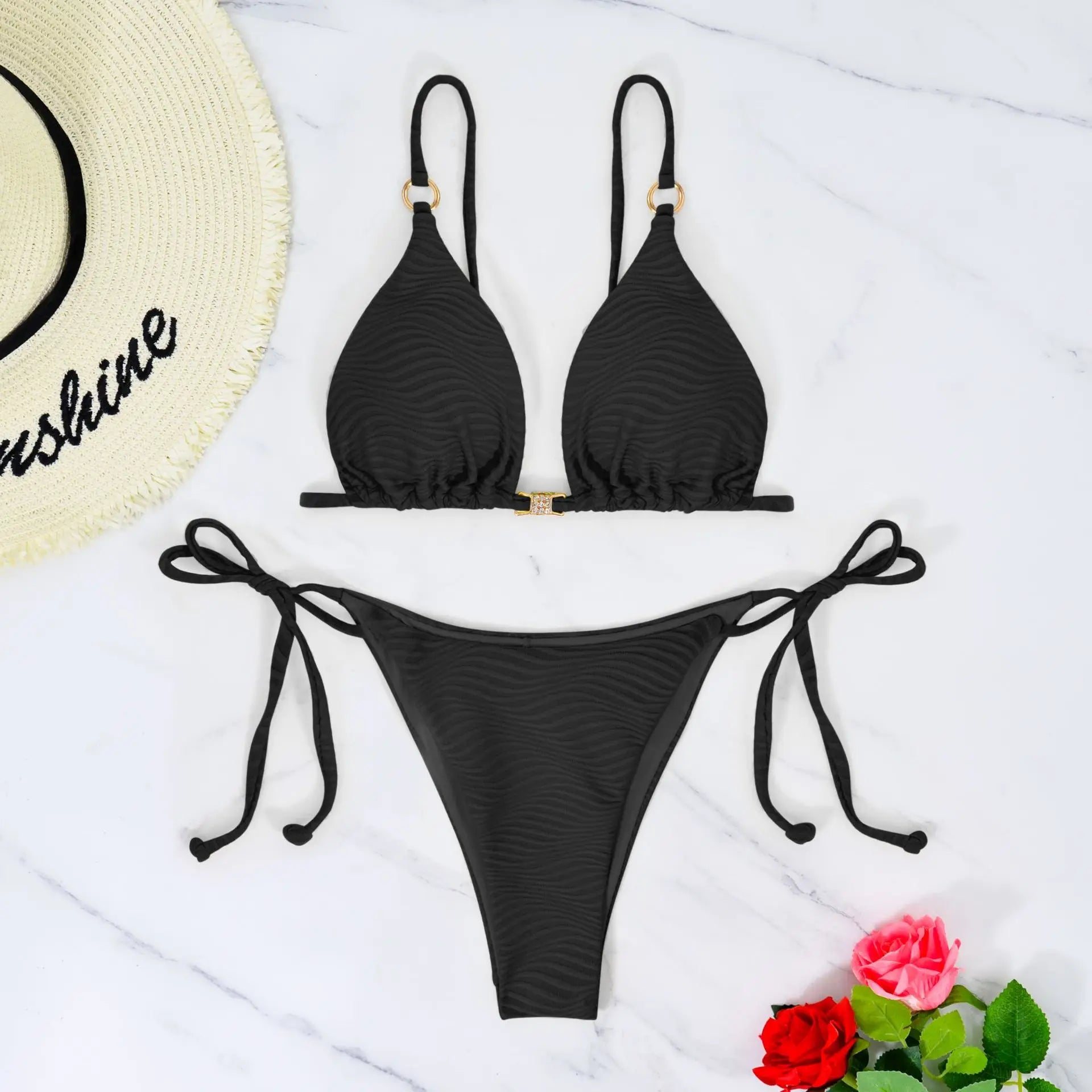 DEKA Women's Solid Color Swimwear Tie Side String Bikini Tanga Triangle Two Piece Swimsuits Bathing Bra Top Bottom Beachwear