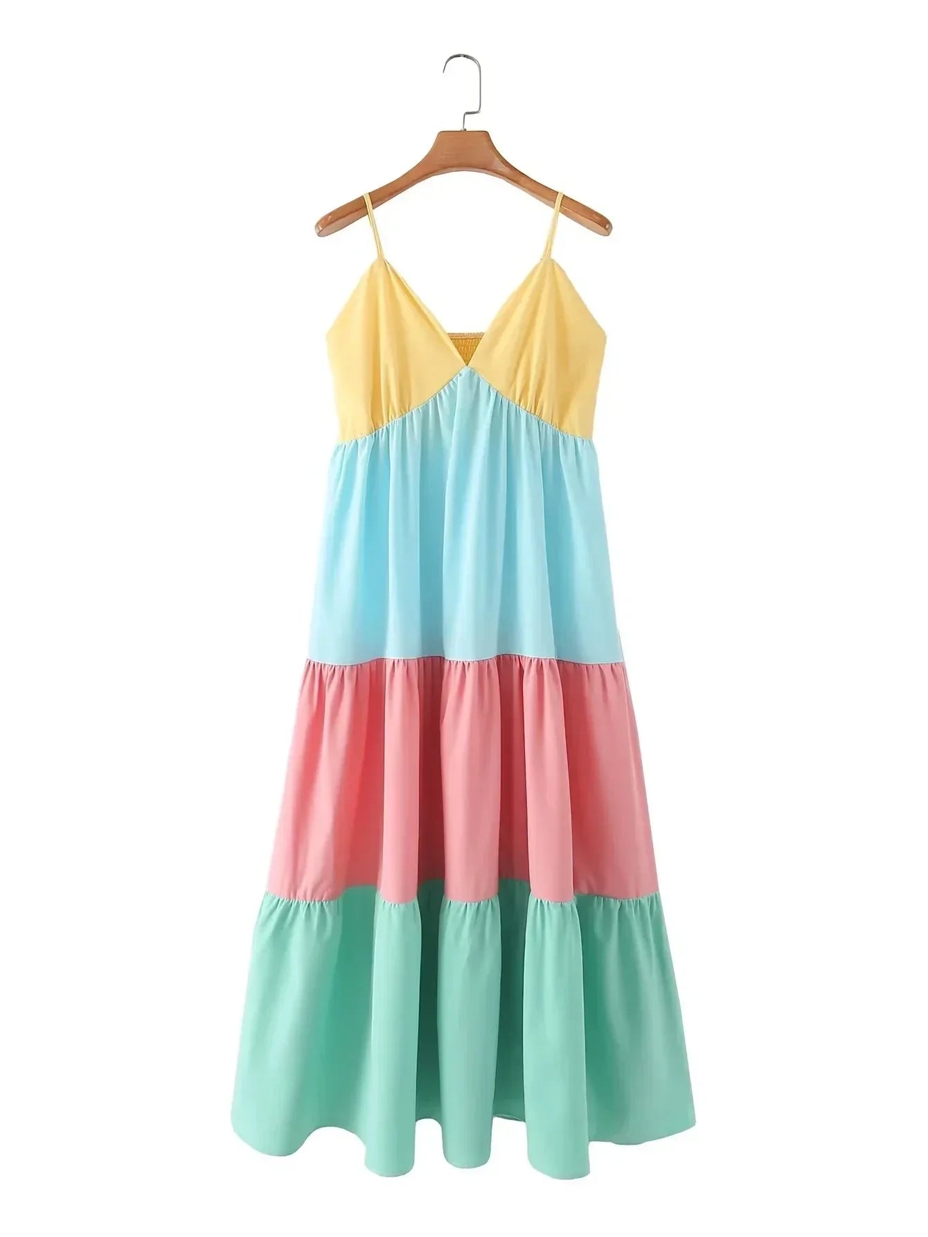 Foridol Multicolor Patchwork V Neck Sundress Smocked Strap Sleeveless A-line Female Midi Casual Summer Women Vestidos 2025