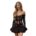 Women Fall Dot Print Mini Dress Slim Off Shoulder Cut Out Long Sleeve Short Bubble Dresses for Daily Party Club