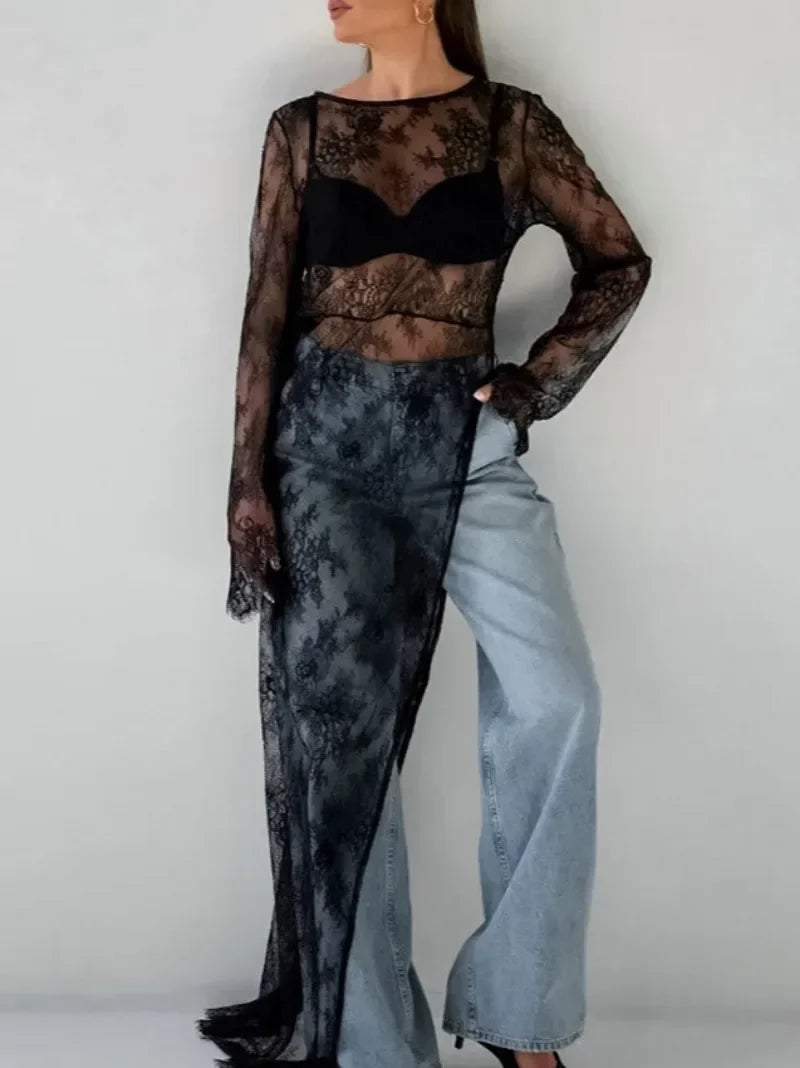 Woman Clothing 2026 O-neck Hollow Out High Slit Long Maxi Lace Dress Black Streetwear Ladies See-through Black T-shirt Dresses