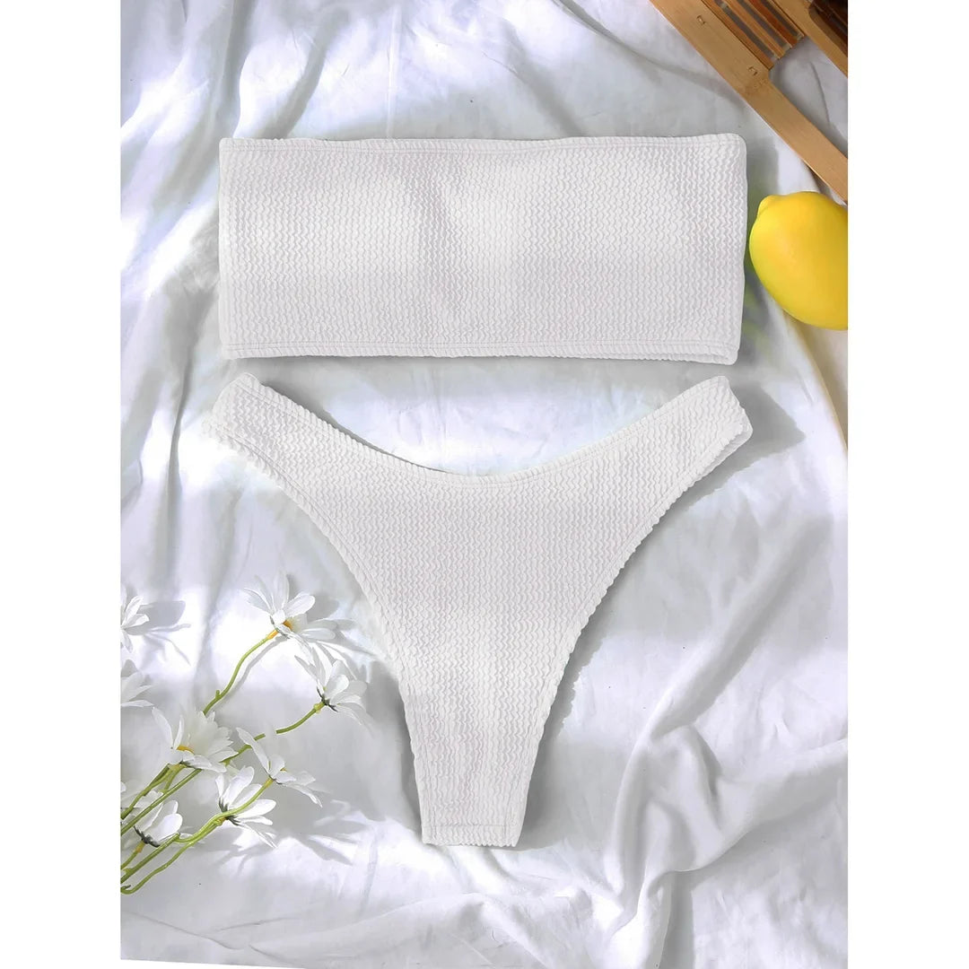 Bandeau Wrinkled Crinkled Bikini Female Swimsuit Women Swimwear Two-pieces Bikini set High Cut Bather Bathing Suit Swim V3314