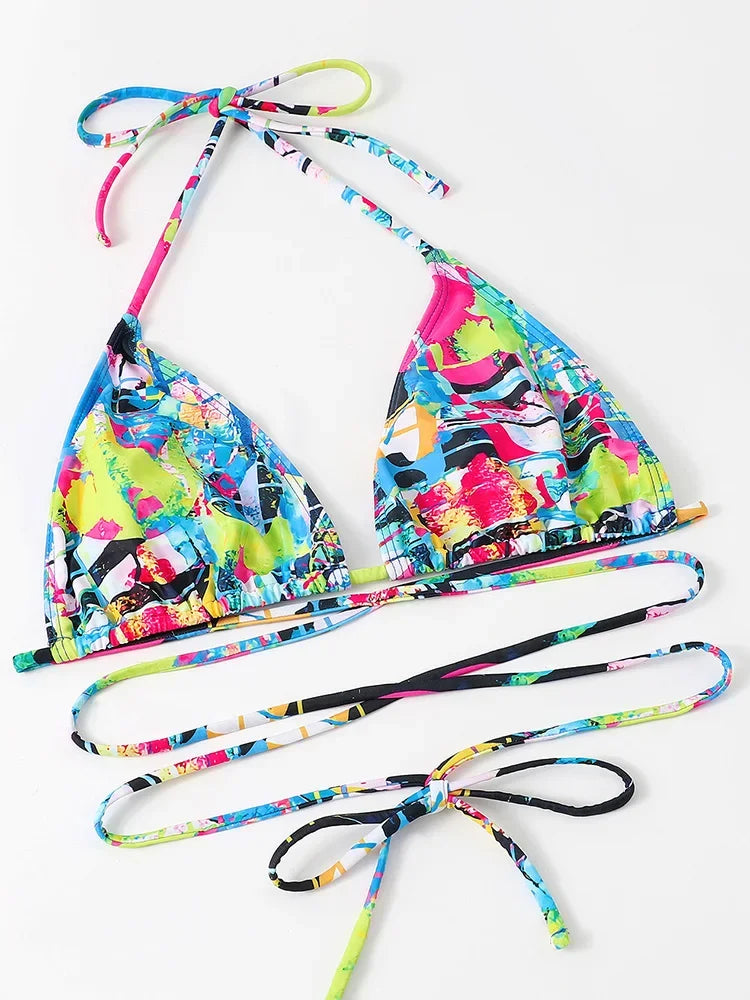 Long Sleeve Printed Halter Bikini Female Swimsuit Women Swimwear Four-pieces Bikini Set with Mesh Skirt Bathing Suit Beach Wear