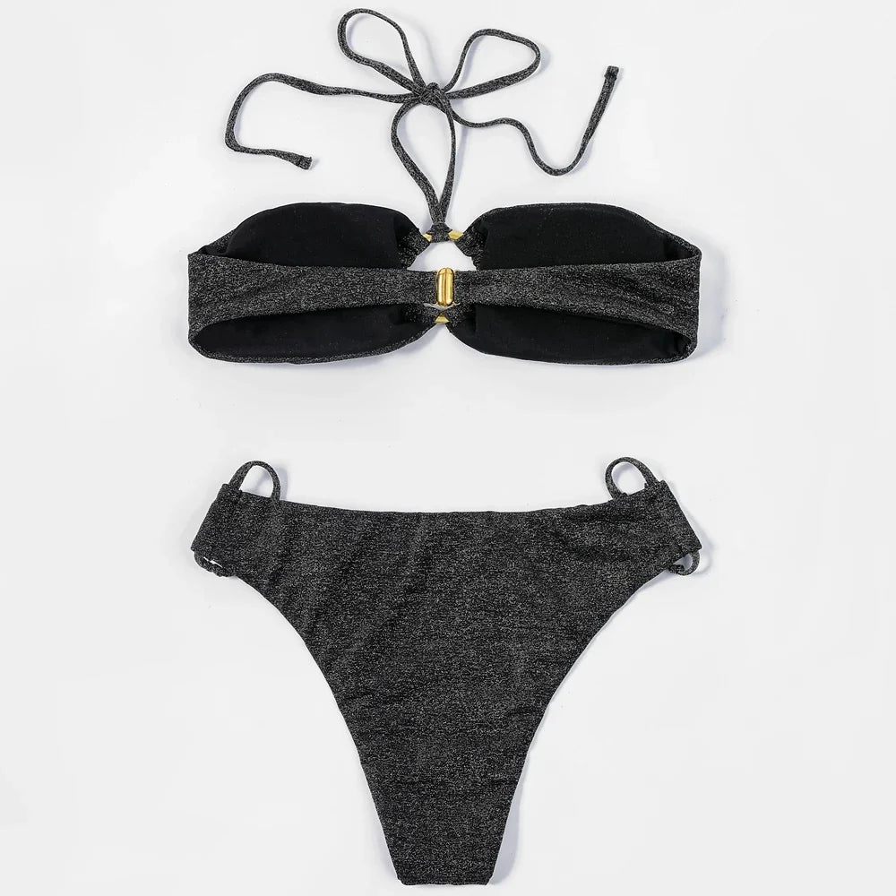 ZTVitality Shiny Black Women Swimsuit Sexy Bikini 2022 New Arrival Halter Padded Bandage Ring Beach Swimwear Brazilian Biquini