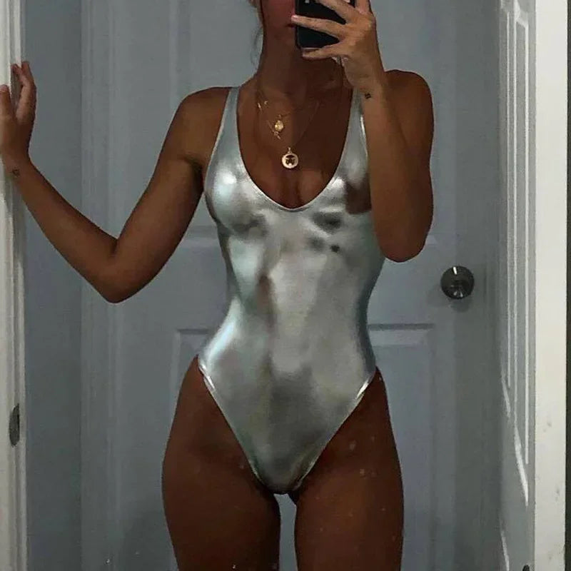 Shiny PU Faux Leather Women Swimwear One Piece Swimsuit Female Monokini High Cut Bikini Set Bathing Suit Swim Beachwear Bodysuit