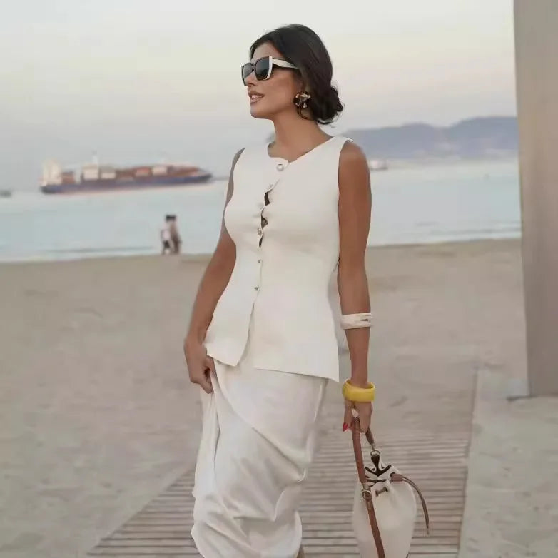 Women's Sleeveless Knit Top With Metal Buttons White Sleeveless Button Down Vest And Maxi Skirt Two Piece Set For Women S7XY