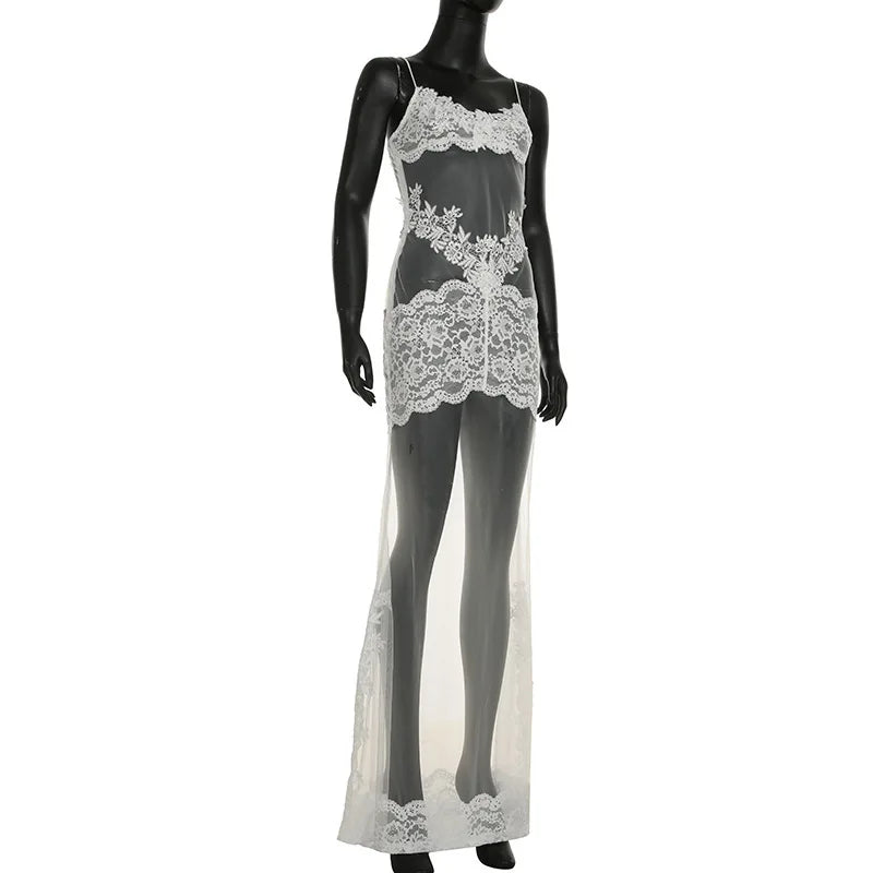FDYOUI Sexy Lace Patchwork Mesh Long Dress Women Spaghetti Strap See-through Evening Party Dresses White Black Night Club Outfit