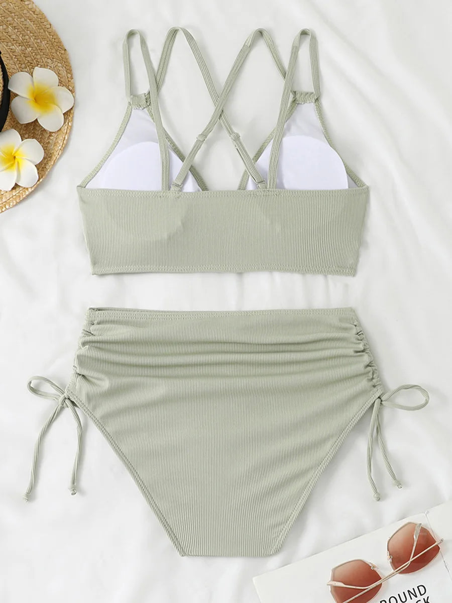 2026 Strappy Triangle Bikinis Women Sexy Swimwear Female High Waist Swimsuit Solid Bathers Bathing Swimming Swim Suit Beachwear