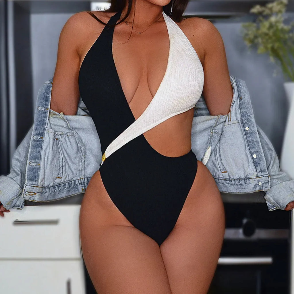 2025 New Fashion Bikini White and Black Contrasting Color Hollow Strap One-piece Swimsuit Beach Bathing Suit Women Купальник
