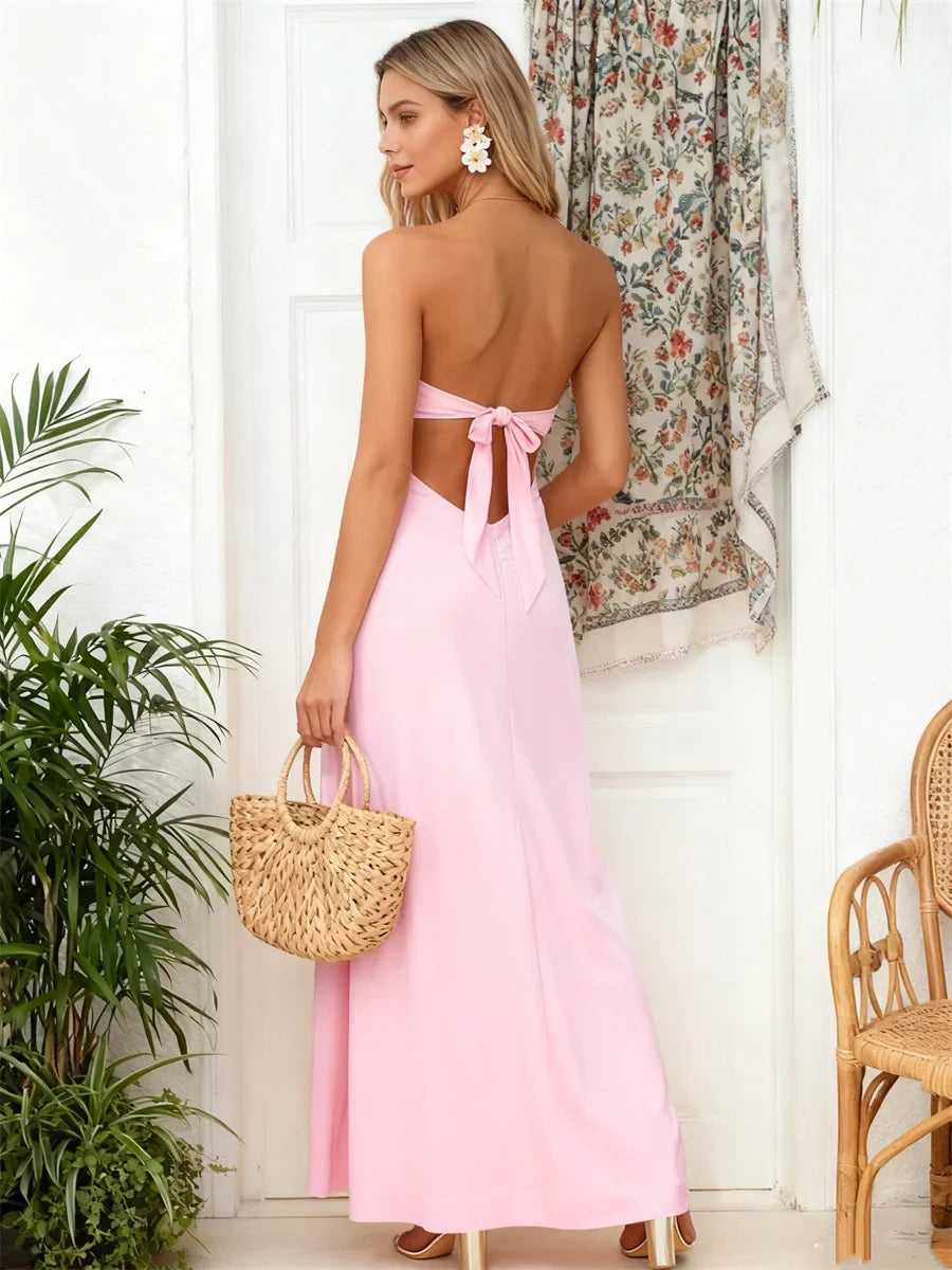 Women Floral Print Tie Backless Dress for Bohemian Party Evening Ring Cut Out Strapless Bodycon Long Dresses