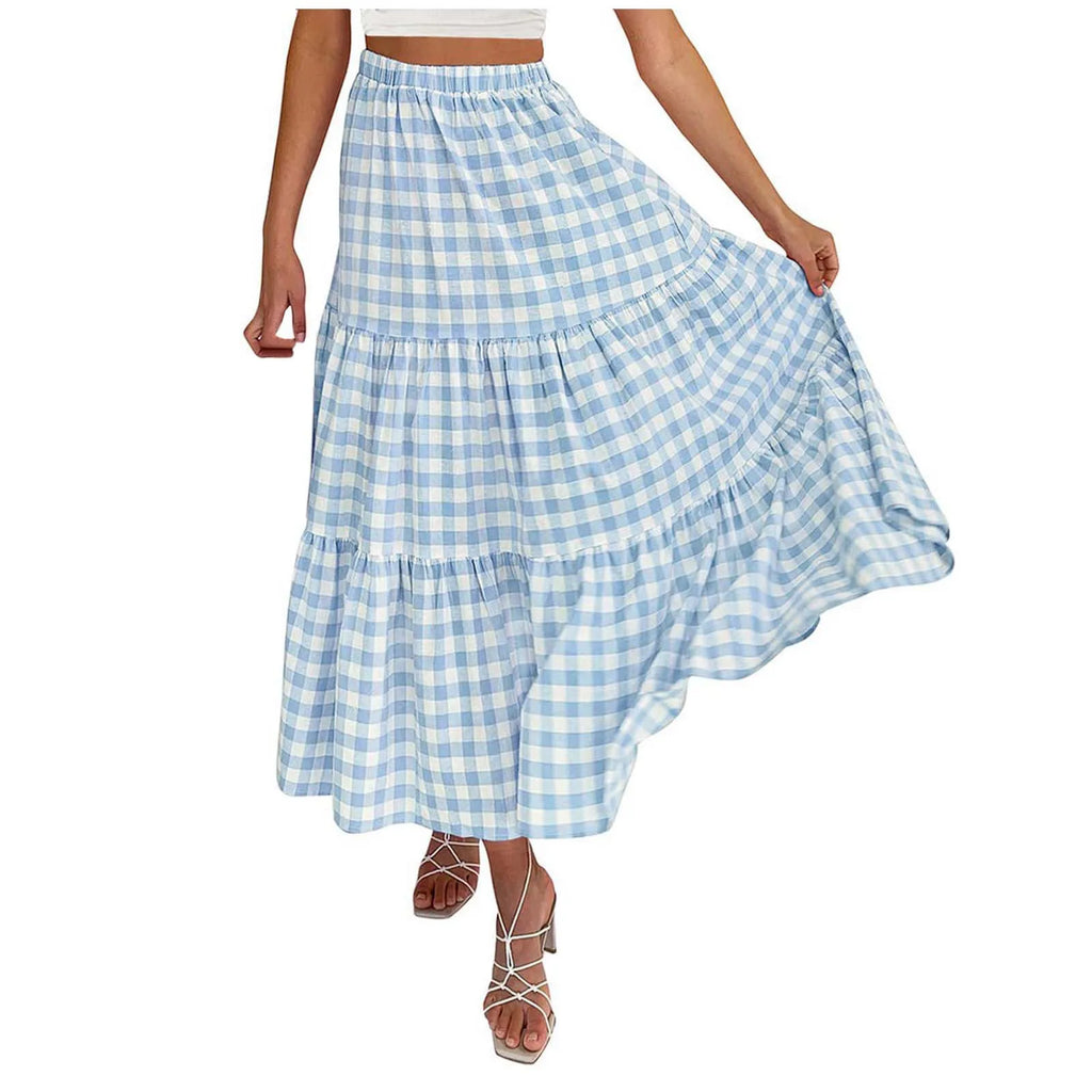 2026 Summer Vintage Checkered Maxi Skirt Women High Waisted Elastic Plaid Ruffle Long Skirts Retro Sweet Cake A  Line Skirts
