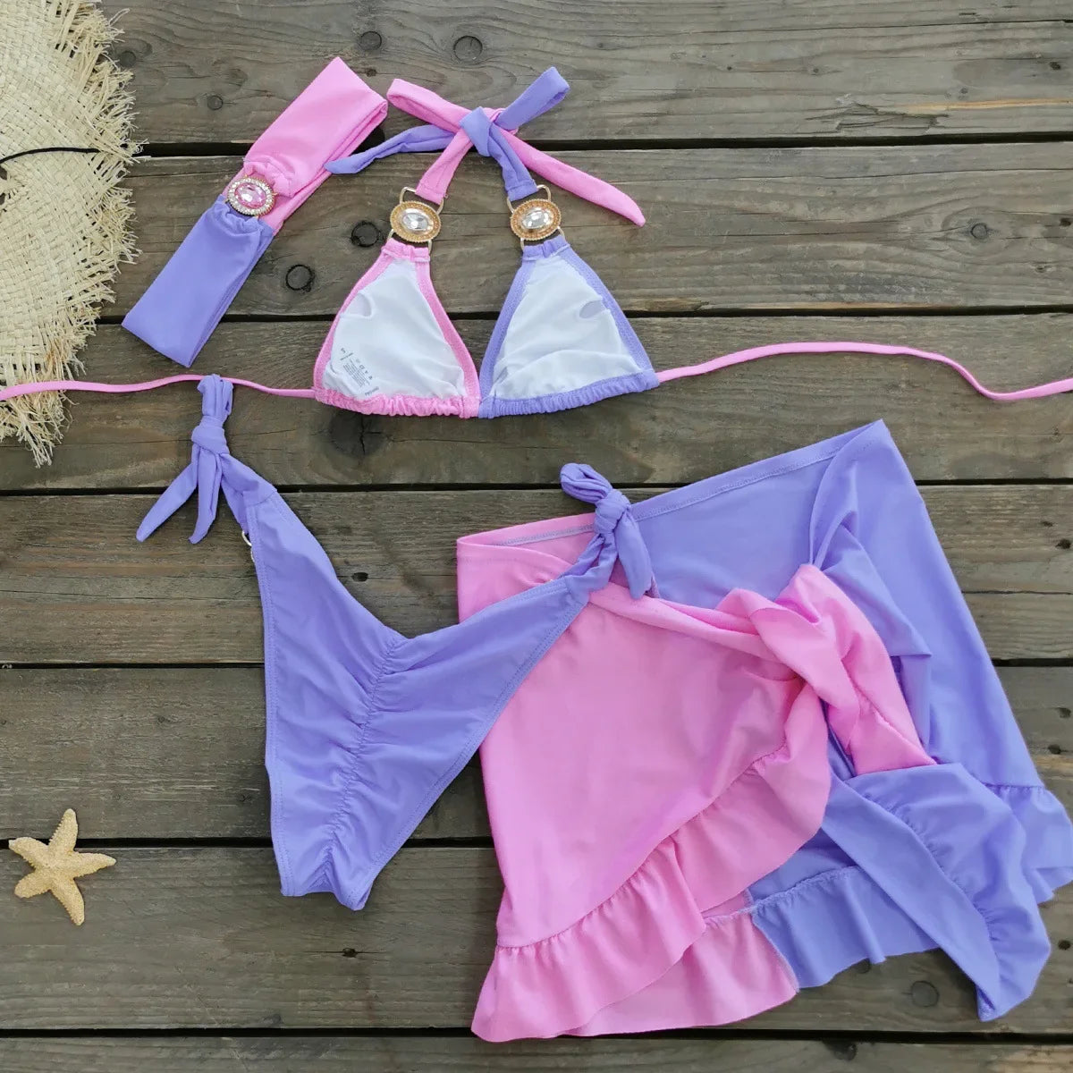 Sexy Skirt 4 Pieces Bikini Set Women Luxury Blue Patchwork Rhinestone Push Up Cover Up Swimsuit 2024 Beach Bathing Suit Swimwear