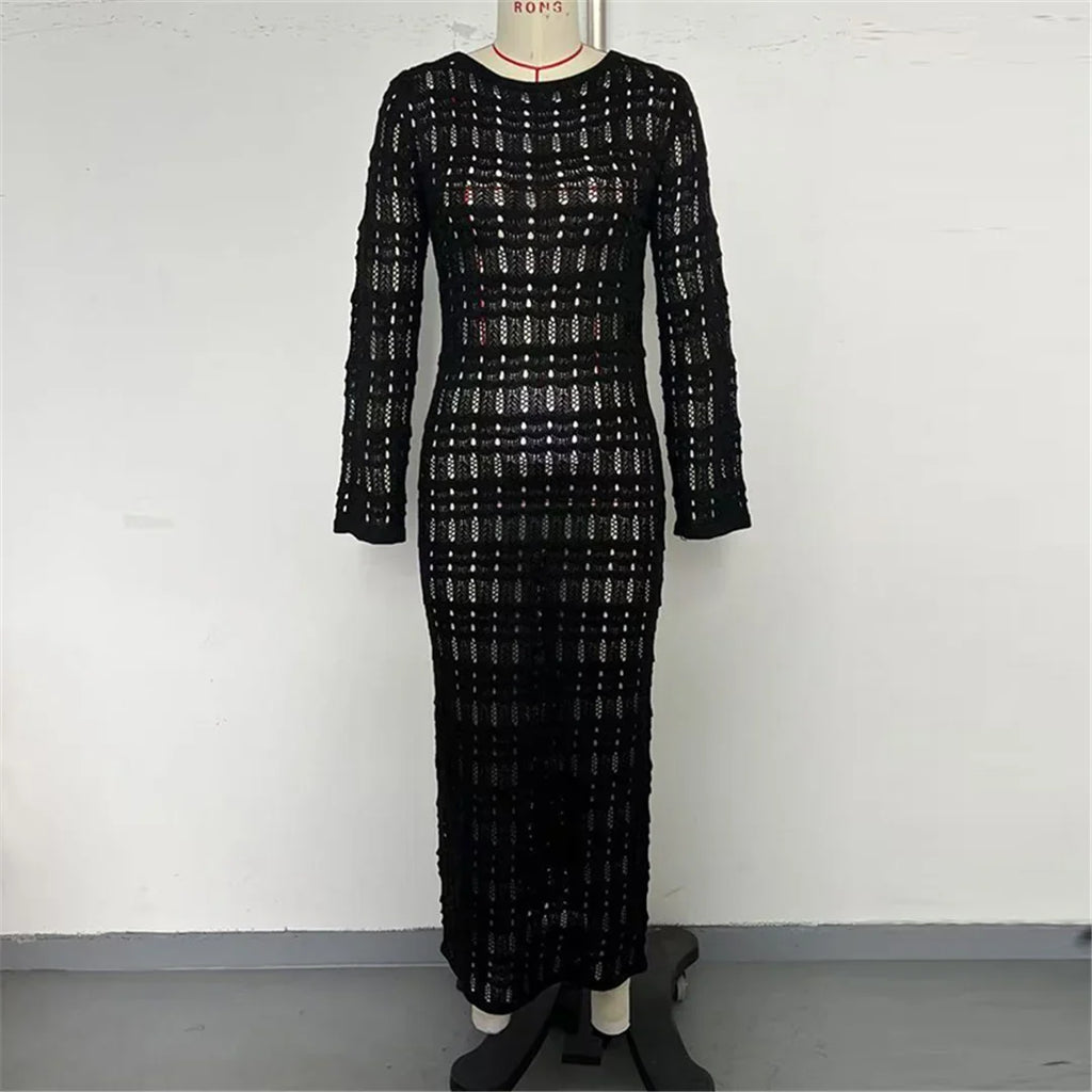 2025 Hollow Out Long Sleeve Backless Knitted Tunic Beach Cover Up Cover-ups Beach Dress Beach Wear Beachwear Female Women K6597