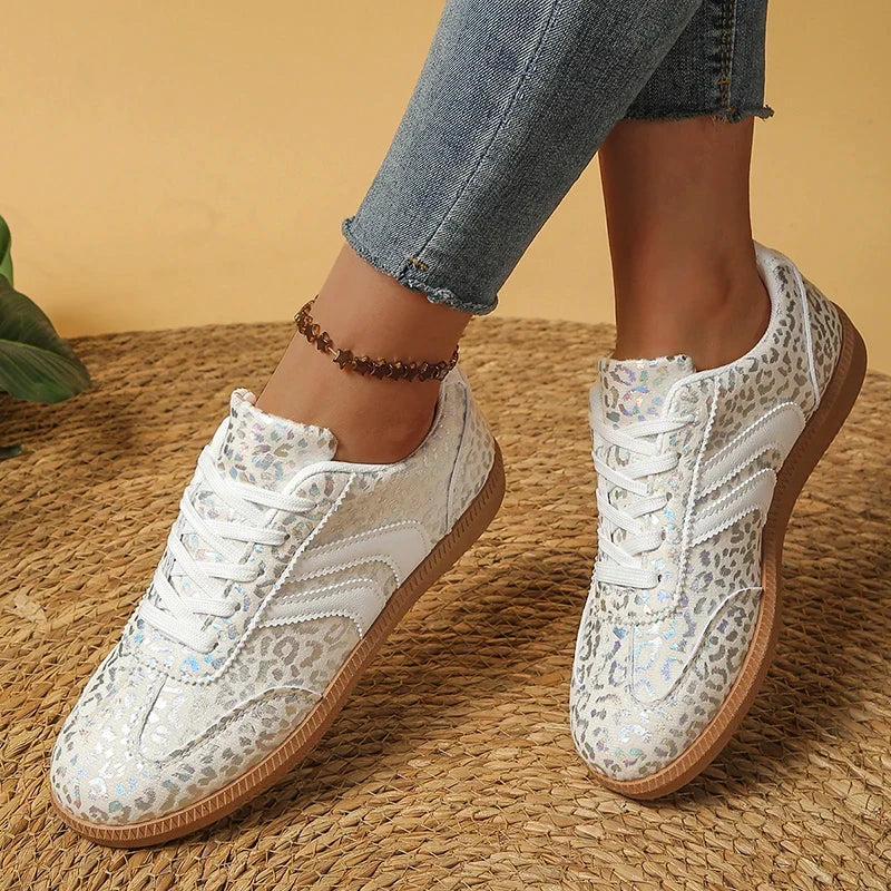 White Leopard Print German Training Shoes Women Plus Size 43 Non Slip Lace Up Flats Woman Comfortable Soft Bottom Casual Shoes