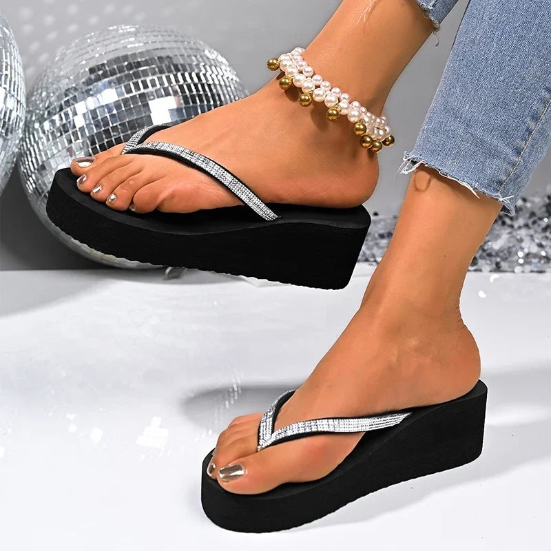 Fashion Crystals Strap Wedges Flip Flops Women Summer Plus Size 42 Platform Slippers Woman Lightweight Chunky Heel Sandals Mujer