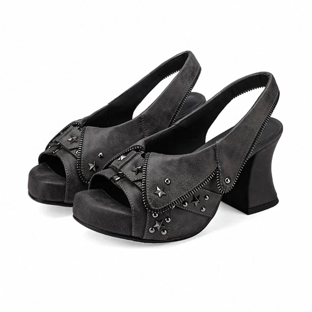 Brand New Women's Y2K Star Rivet Platform Sandals 2000's Peep Toe Slingback Chunky Heel Distressed Denim High Heeled Shoes