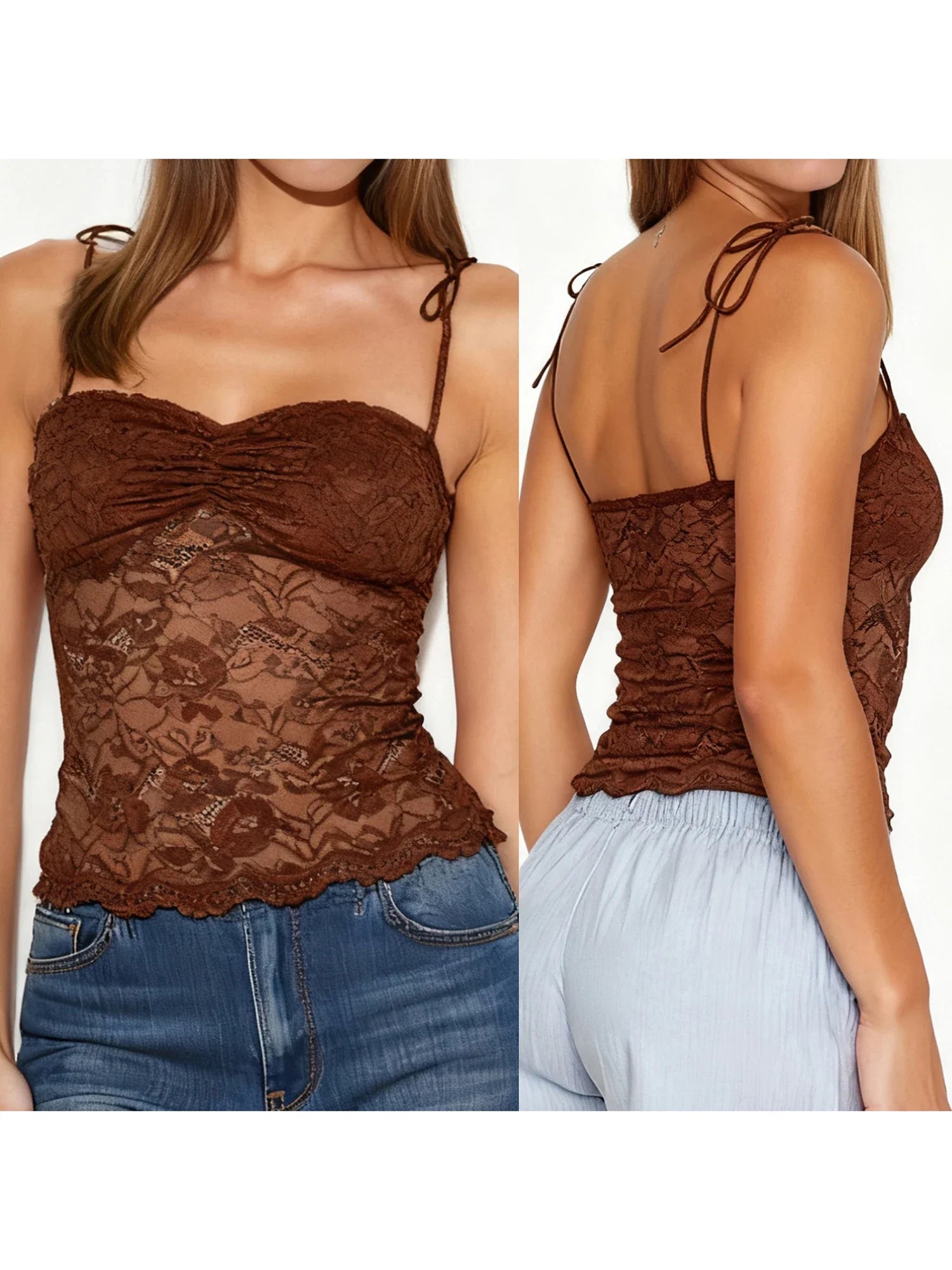 Women's Solid Color Lace Cami Tops Sleeveless Tie Spaghetti Strap Ruched Bust Camisole Summer Vest