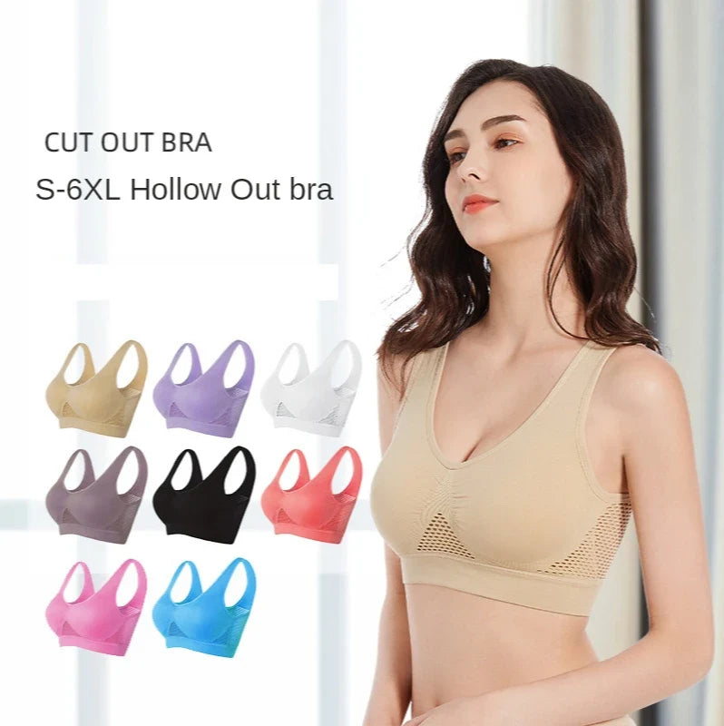 M-6XL Women Hollow Out Fitness Yoga Sports Bra For Running Gym Padded push up Seamless Top Athletic Vest brassiere