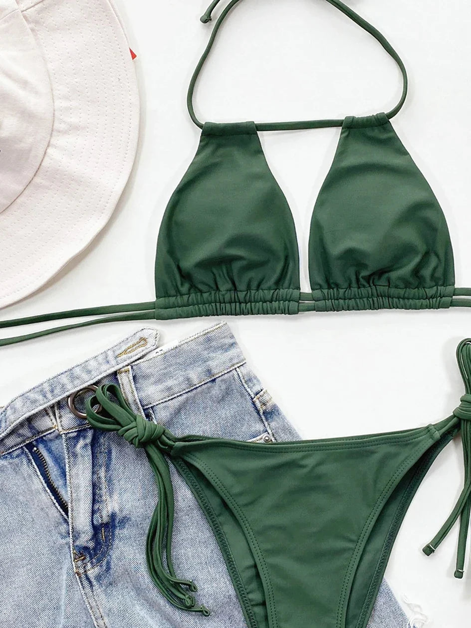 2025 Sexy Tie Side Strappy Halter Bikini Female Swimsuit Women Swimwear Two-pieces Bikini set Hollow out Bathing Suit Swim Lady
