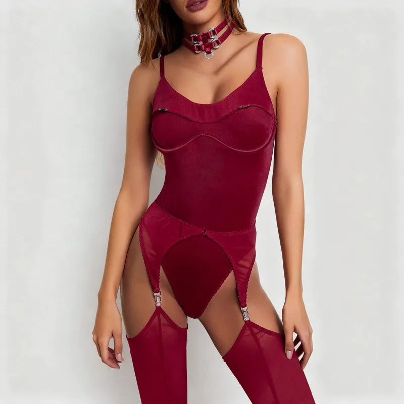 Toucheart Erotic Bodysuit Sexy Hot Tight Plunge Seductive Women's Intimate Flirt Romantic Garter Four-piece Set with Stockings