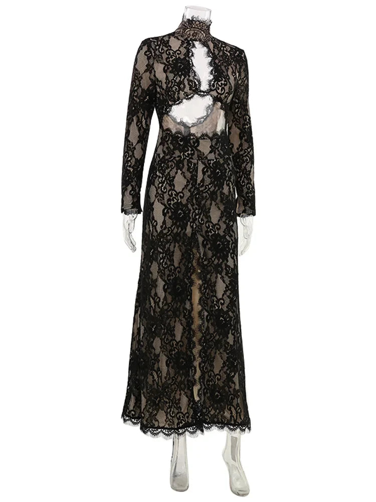 Summer Maxi Dress Women Sexy Sheer Lace Hollow Out Long Sleeve Floral Split Slim Bodycon Solid Casual Beach Party Club Vestidos