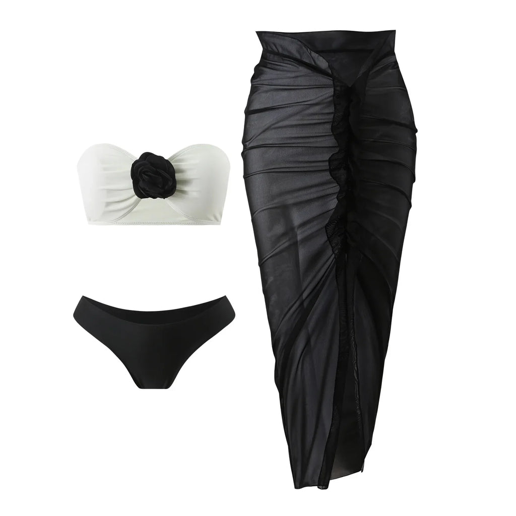 sexy 3d flower bandeau bikinis sets 3pcs with long mesh split skirt black white patchwork swimsuit bathing suit beach outfits