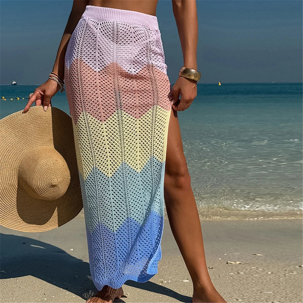 New Colorful Hollow Out Knitted Tunic Beach Cover Up Cover-ups Beach Dress Beach Wear Beachwear Long Skirt Female Women K6588