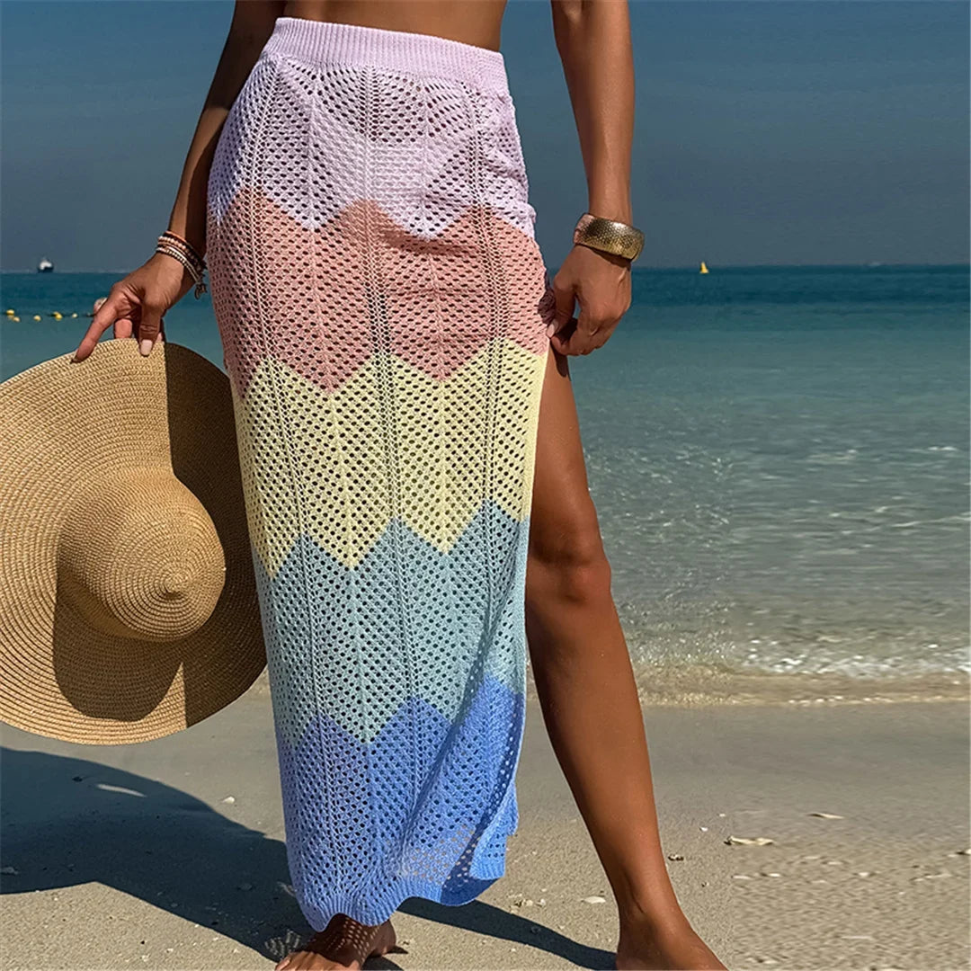 New Colorful Hollow Out Knitted Tunic Beach Cover Up Cover-ups Beach Dress Beach Wear Beachwear Long Skirt Female Women K6588