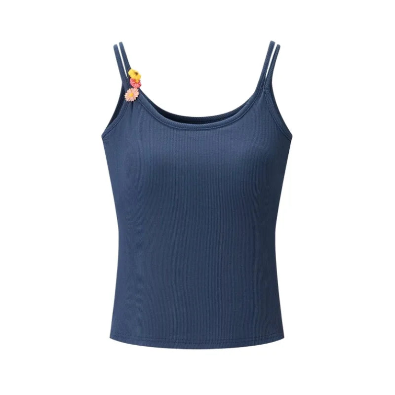 Fashion Solid Color Thin Strap Floral Chest Pad Women White Ribbed Top With Sleeveless Slim Fit Casual Summer Top Charming 3N4J