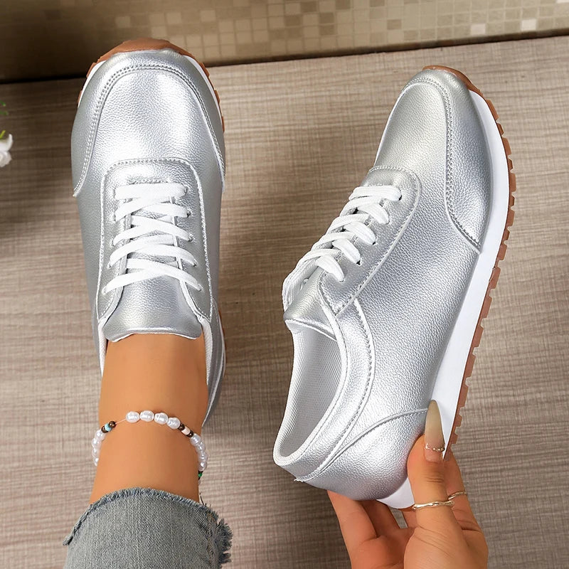 Fashion Gold Silver Platform Sneakers Women Spring Autumn Lace Up Plus Size Casual Sneakers Woman Comfort Non Slip Sport Shoes